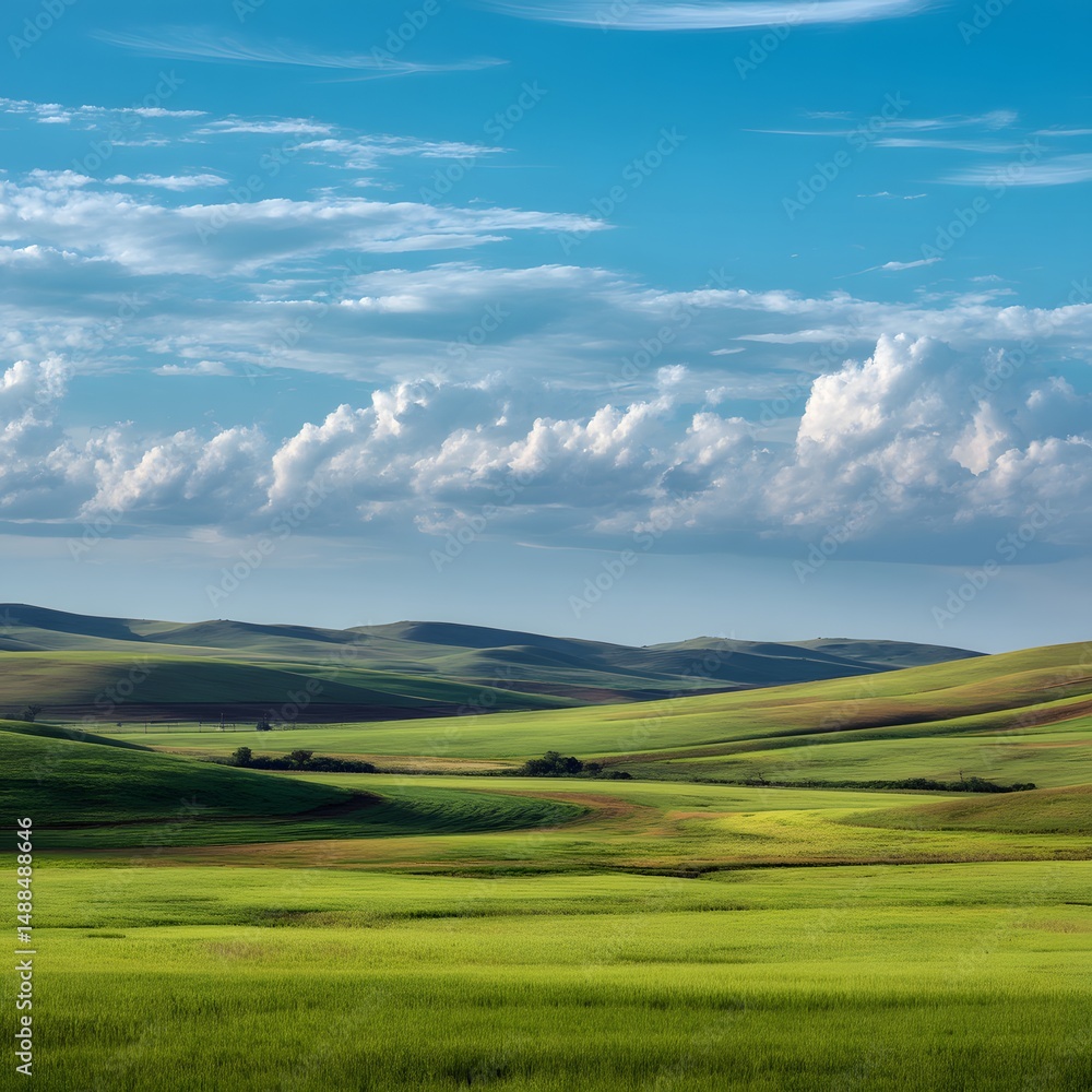 Obraz premium Lush Green Hills Under Blue Sky With Soft White Clouds