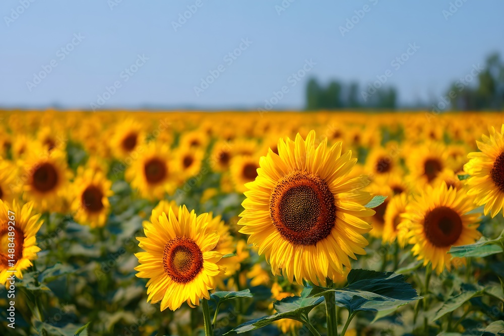 Fototapeta premium Vibrant Sunflowers in a Sunny Field Under Clear Blue Sky