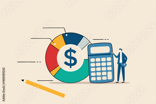 Cost structure, expense and income balance calculation, revenue, debt and investment analysis, money management, budget or saving concept, businessman with calculator with pie chart of cost structure.