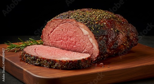 Smoked prime rib with herb crust, pink center, resting on board. Gourmet