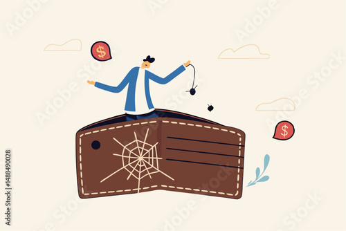 Poor or poverty with empty wallet, financial problem, trouble to pay rent or loan, bankruptcy or unemployment concept, broke businessman stand with empty wallet with bugs fly around and spider web.