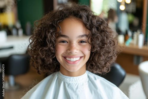 Happy young girl smiling at hair salon after haircut