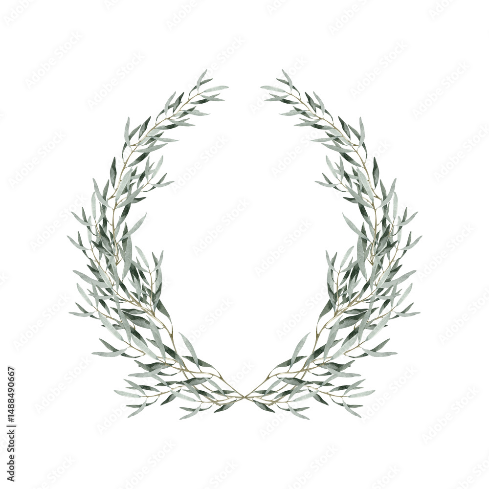 Obraz premium Watercolor Olive Leaf Wreath Illustration, Elegant Botanical Frame for Invitations and Natural Designs