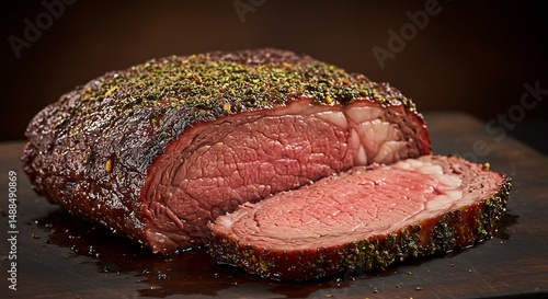 Smoked prime rib with herb crust, pink center, resting on board. Gourmet