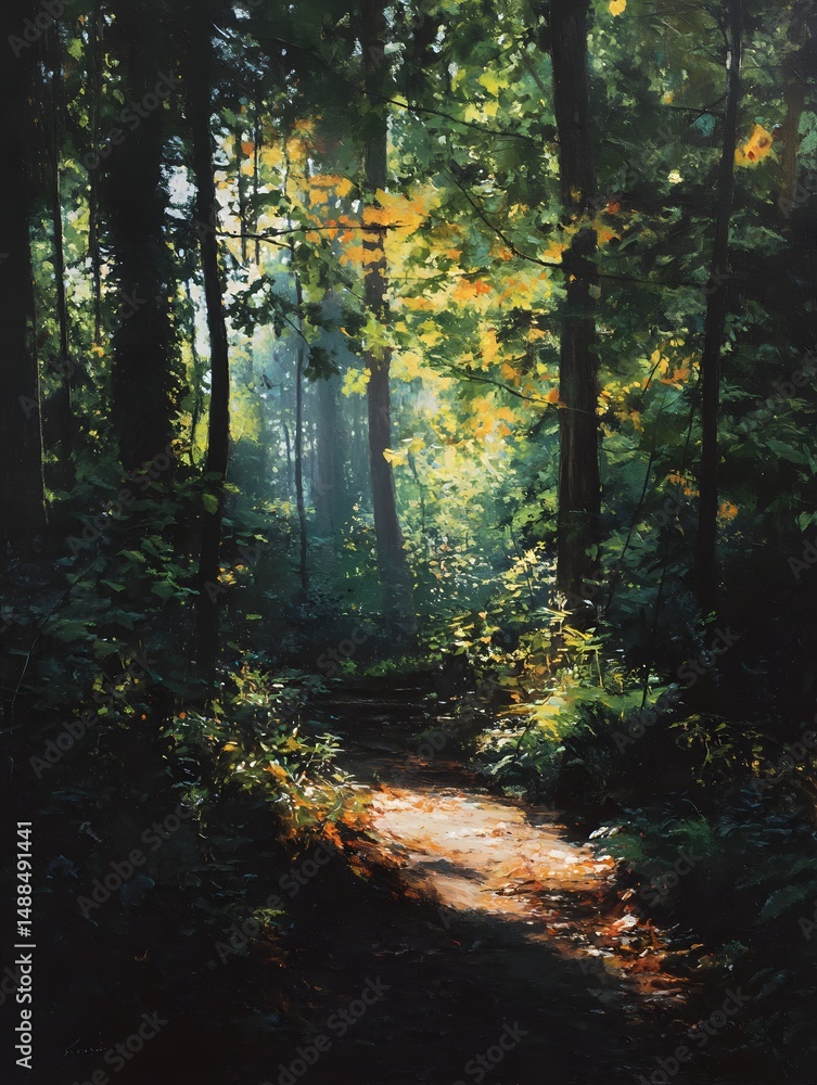 Obraz premium Serene Forest Pathway with Majestic Light and Lush Greenery