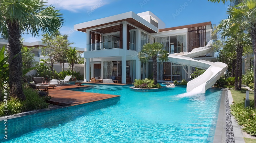 Fototapeta premium Luxury pool villa with a swimming pool and water slide in a sunny resort setting.