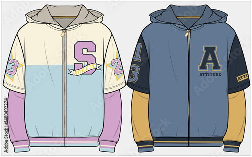 COLOUR BLOCK HOODED SWEATSHIRT WITH DOCTOR SLEEVES AND VARSITY BADGE DETAILDESIGNED FOR WOMEN, YOUNG WOMEN, UNISEX, MEN, YOUNG MEN, TEEN BOYS AND TEEN GIRLS IN  VECTOR ILLUSTRATION FILE