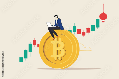 Bitcoin and cryptocurrency investing, crypto trading make profit and earning from Bitcoin price, businessman investor using computer to trade crypto on big Bitcoin with candlestick price graph chart.