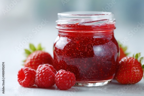 Wallpaper Mural Strawberry Raspberry Jam Recipe - Jar of Homemade Fruit Preserves with Berries on a Light Background Torontodigital.ca