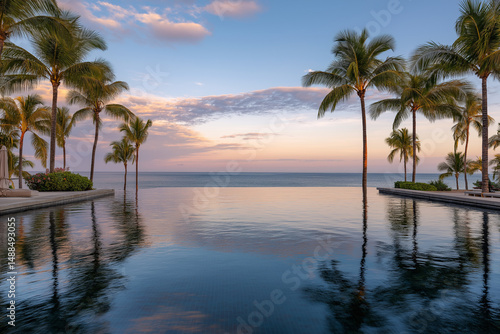 Infinity pool overlooking the ocean with palm trees in the background, no people.