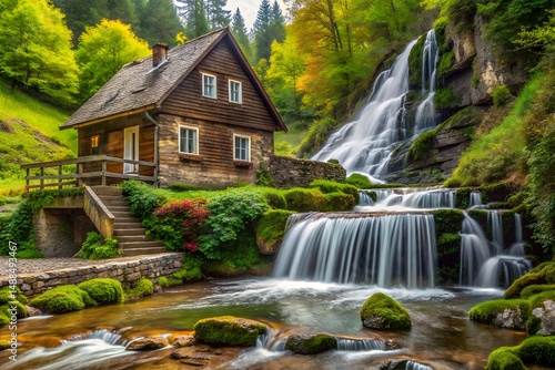 Nature real estate concept with beautiful homes forest trees sparkling stream waterfall backdrop for property ad marketing template olgamcs backgrounds ads business