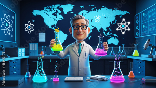 Cheerful cartoon scientist conducting experiments in a modern laboratory with glowing solutions