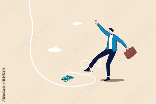 Money trap to trick greed people, danger fraud or threat to attack victim, financial or investment problem concept, greed businessman try to step into tricky rope trap to get money banknotes bundle.