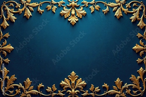 Intricate floral damask pattern in elegant gold on deep blue background , interior, gold, surface