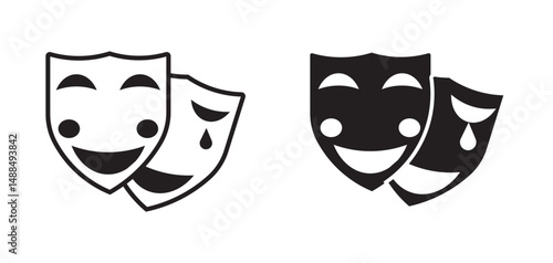 Theatrical mask icon set. Happy and sad signs. Comedy and tragedy masks for fholiday festival, theatr and masquerade. 
Drama and comedy theater mask vector icon set. Theatrical masks icons.

