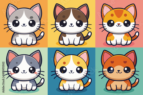 Six Adorable Cartoon Kittens in Various Colors Sitting