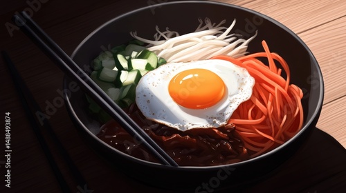 Delicious bowl of noodles topped with a sunny side up egg and fresh vegetables