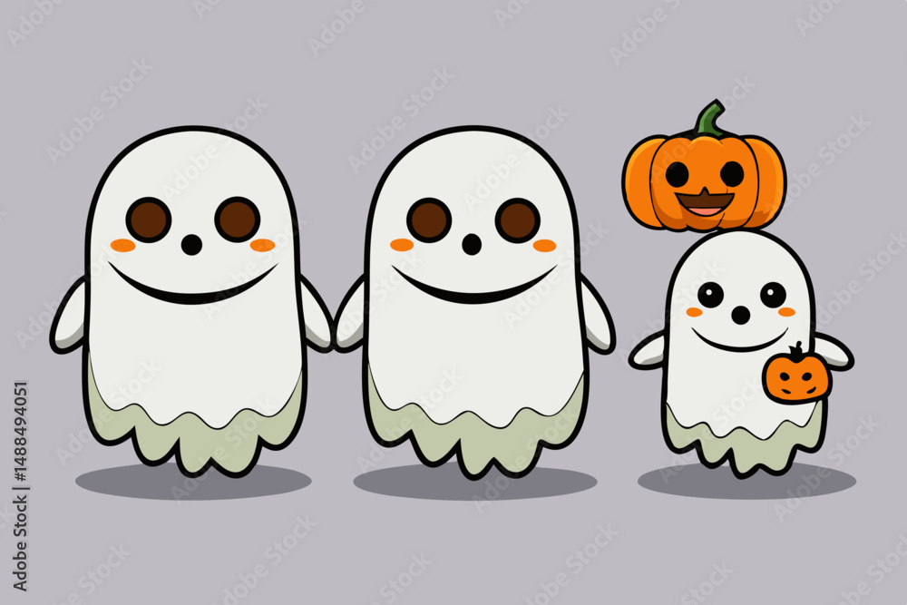 Obraz premium Cute Cartoon Ghost Family with Pumpkins for Halloween