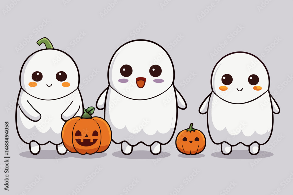 Fototapeta premium Three Cute Cartoon Ghosts with Jack o Lanterns for Halloween