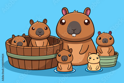 Adorable Capybara Family in Wooden Tubs Cartoon Illustration