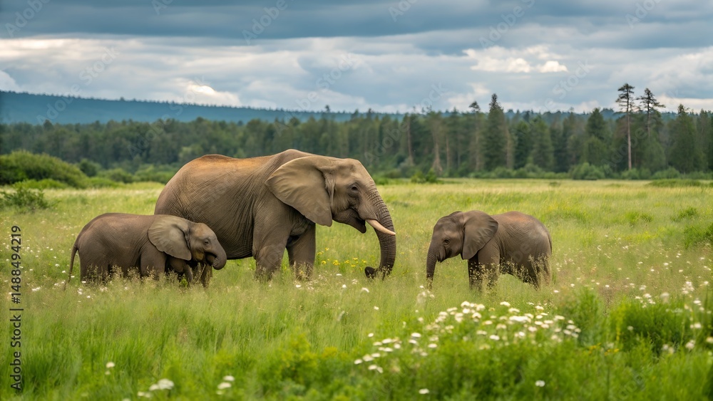 Fototapeta premium African Bush Elephants - Loxodonta africana family walking on the road in wildlife reserve. Greeting from Africa.