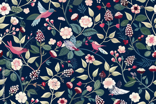 Seamless Pattern with Pink Birds and Delicate Floral Design on Dark Blue Background