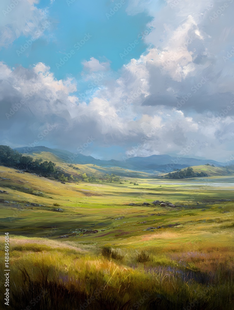 Fototapeta premium Serene Landscape of Rolling Hills Under Bright Blue Sky