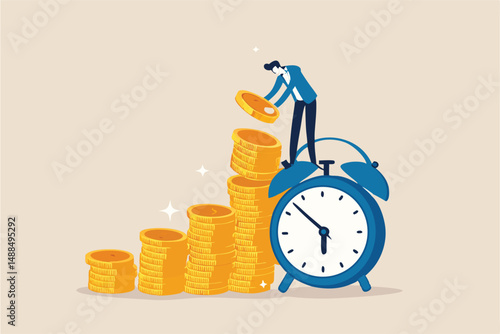 Long term investing or savings for retirement fund, compound interest or investment growth, tax time reminder concept, businessman on alarm clock put more dollar coin money to increase his savings.