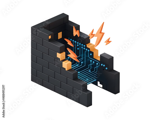 3D Firewall Breach Icon – Cybersecurity Attack Visualization with Digital Sparks. AI Generated