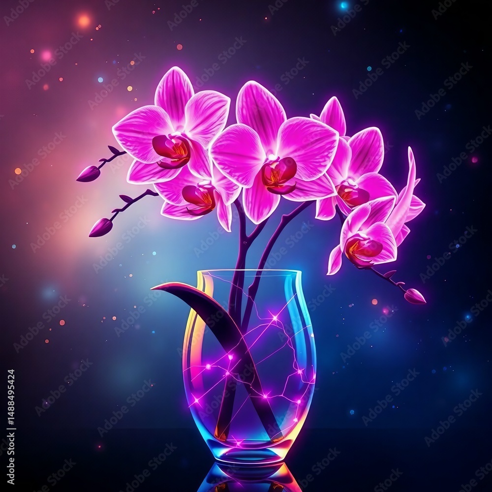 Fototapeta premium Abstract Neon Orchids in Crystal Vase with Glowing Details and Space Background — Digital Artwork for Wallpaper