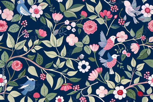 Seamless Pattern Pretty Birds Pink Flowers Blue Background