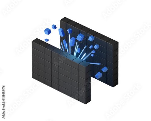 3D Firewall Breach Icon – Cybersecurity Attack Visualization with Digital Sparks. AI Generated