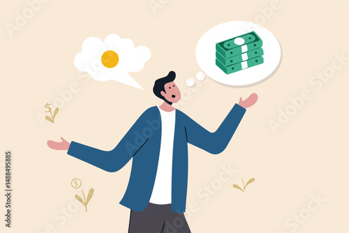 Exaggeration lying about investment profit, income or financial scam, extreme politics story, trap or pitfall concept, businessman liar talk about big profit while think of small money in reality.