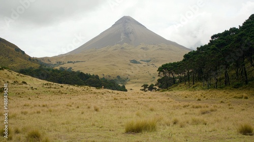 A vast, dry valley leading to a conical mountain.