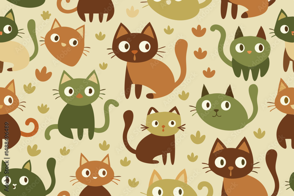 Fototapeta premium Adorable Cartoon Cats Seamless Pattern in Earthy Tones