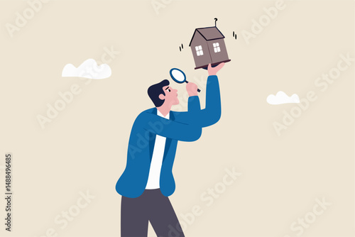 House inspection, home, property and real estate price evaluation, mortgage and loan analysis, search for housing investment concept, curios businessman using magnifying glass to see house details.