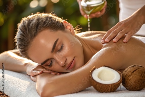 A woman enjoys a relaxing back massage, with oil being poured for a soothing experience.