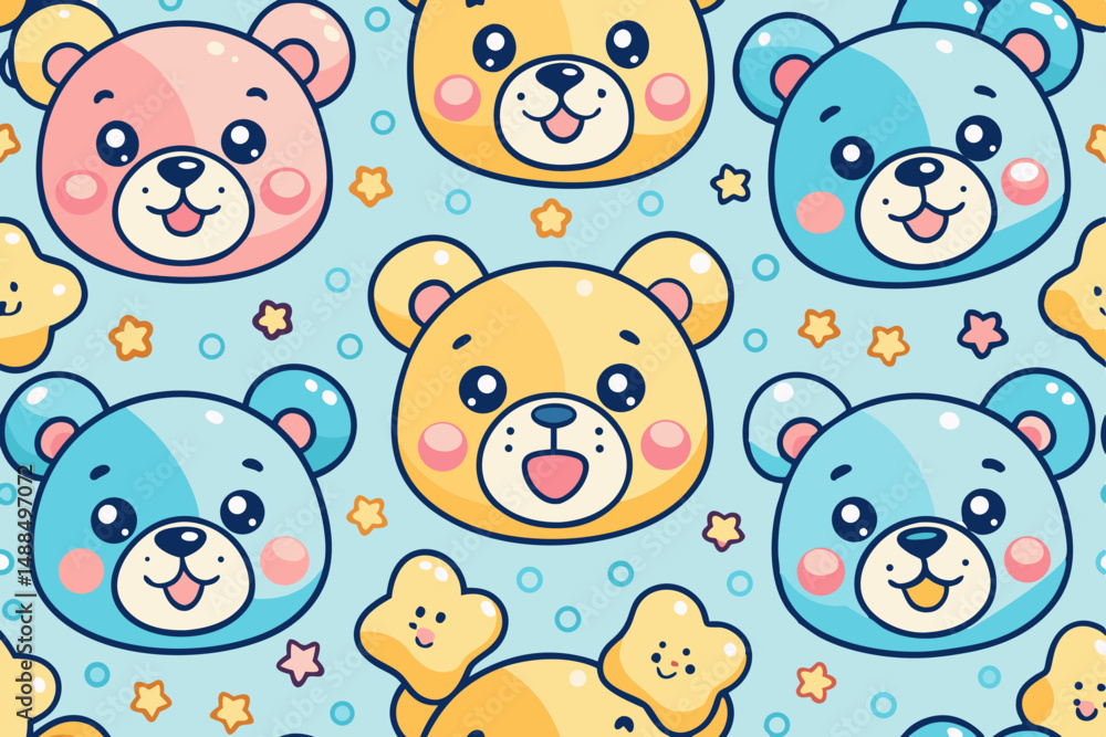 Fototapeta premium Cute Cartoon Teddy Bear Seamless Pattern Pastel Colors