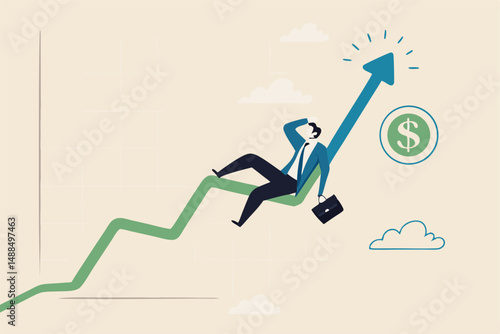 Success investment earn more profit or easy growing return mutual fund, make money from cryptocurrency trading or dream about being rich concept, businessman investor relax and sleep on growing graph.