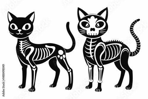 Two Cute Halloween Black Cats with Visible Skeletons