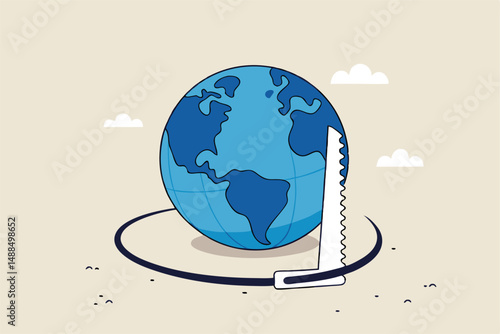 World economic crisis from war and geopolitical problem or threats, climate change or global warming destroying world concept, sawing globe to fall from the floor metaphor of danger and threats.