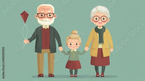 Grandparents and Granddaughter with Kite: Family Illustration
