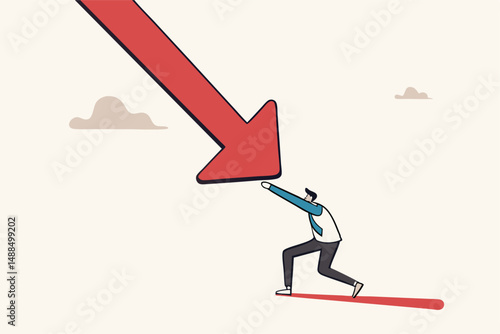 Resilience to survive investment crash, crisis or recession, pushing back or effort to win business challenge, economic recession concept, businessman pushing falling down arrow with full effort.