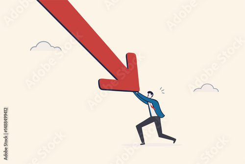 Resilience to survive investment crash, crisis or recession, pushing back or effort to win business challenge, economic recession concept, businessman pushing falling down arrow with full effort.