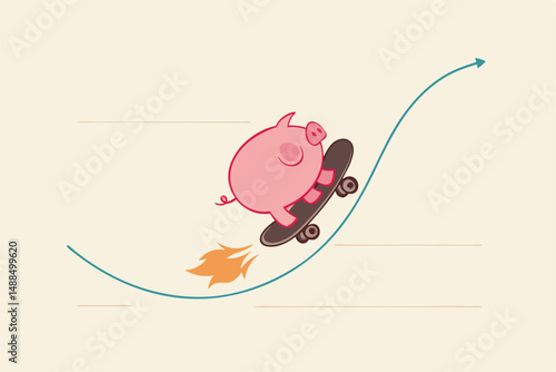 Stock market rebound, make profit from investment or growing wealth, get rich or financial success savings concept, happy pink piggy bank savings riding fast skateboard on investment rising up graph.