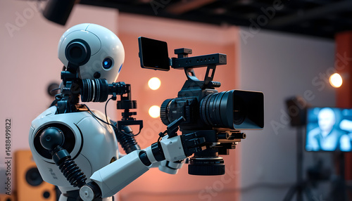 Robot filming event in studio video production high-tech environment dramatic view
