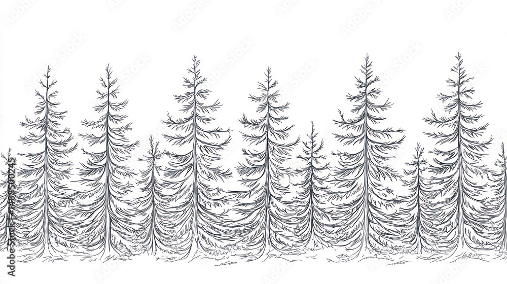 Obraz premium Hand-drawn forest scene, black and white, horizontal design, for background