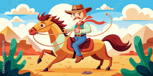 Cowboy Riding Horse Across Desert Landscape