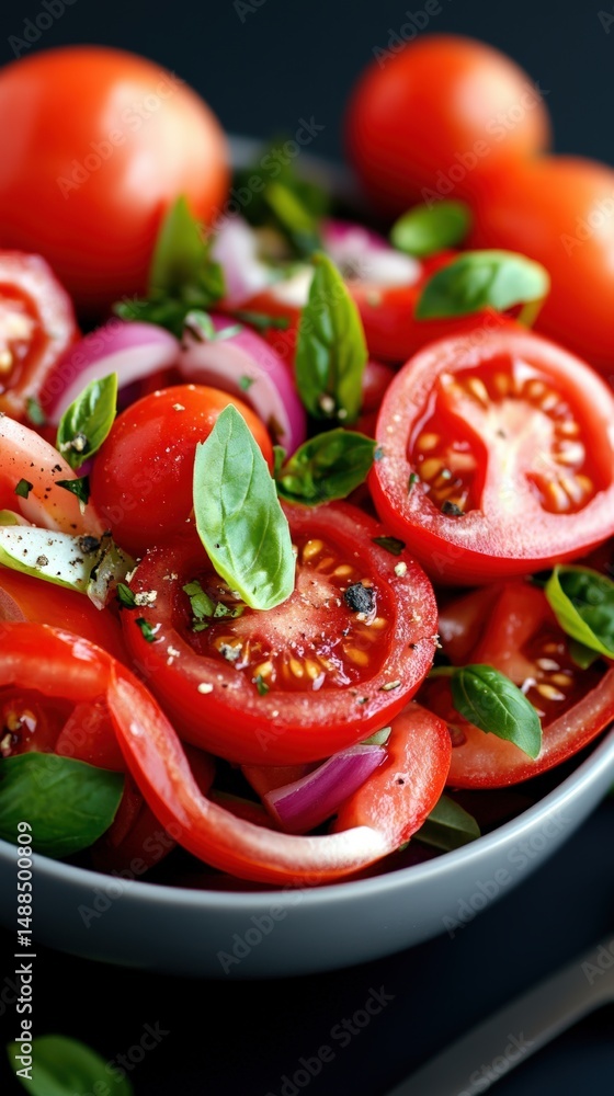 Fresh garden salad with tomatoes and basil served in a bowl during daylight Fresh garden salad with tomatoes and basil served in a bowl during daylight