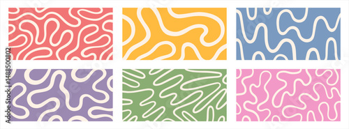 Twisted lines, fluid, curved, wiggling stripes, waves vector backgrounds half page banners set. Funky ornaments, groovy hippie patterns collection. Doodle uneven hand drawn wavy organic winding lines